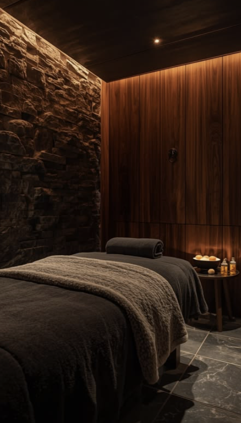 A softly lit spa treatment room with warm wood panelling and stone walls